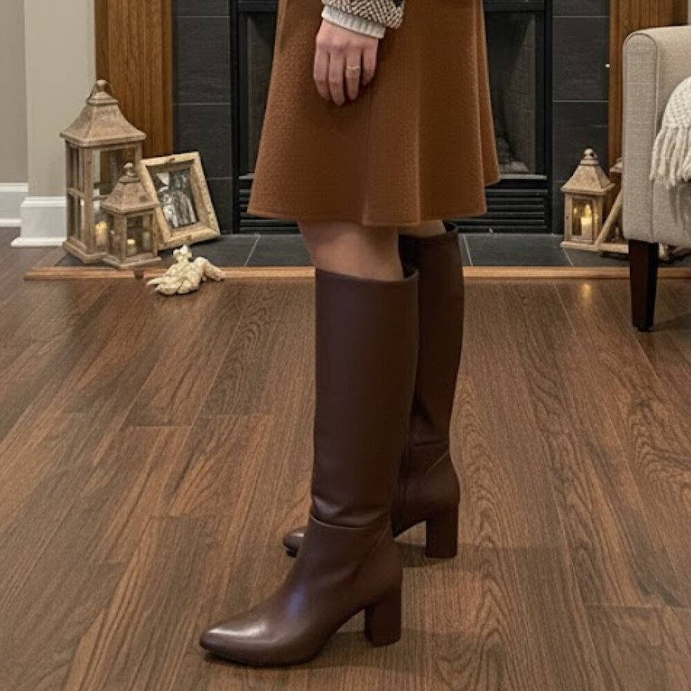 Chocolate Brown Knee High Boots Block Heel Faux Leather Zip Up